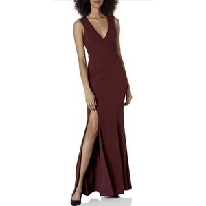 Dress The Population Sandra Plunge Crepe Thigh Split Burgundy Dress Size L